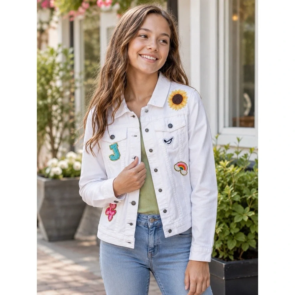 Crazy 8 Girls XL14-16 White Denim Jacket Sunflower Rainbow Butterfly Patch Jean